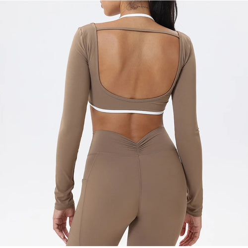 Pad Open Back Strap Long Sleeve T-Shirts Women Sports Crop Top Sexy Exposed Navel Quick Dry Long Sleeve Running Yoga Shirt